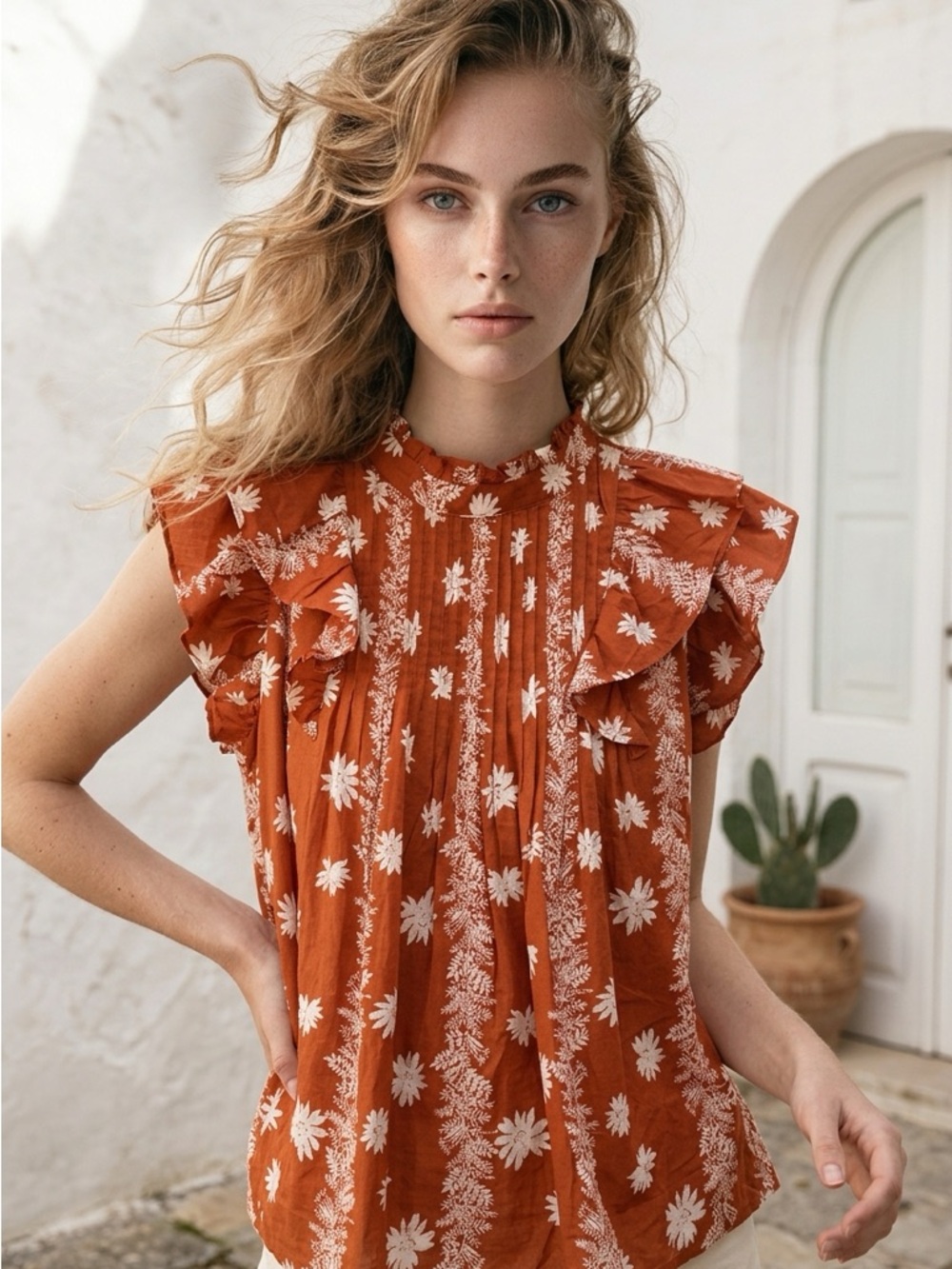 J Marie Rust Floral Pintuck Ruffle Sleeveless Blouse